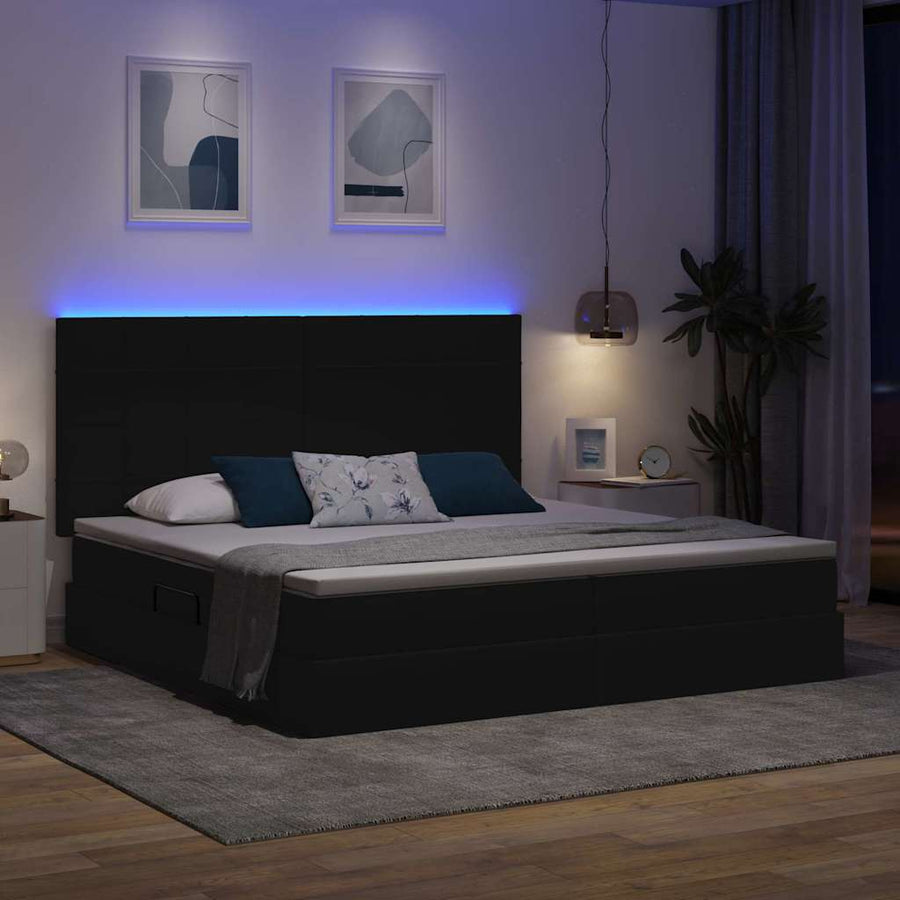 Bed met LED -striplichten met opslag Zwart 200 x 200 cm Stof
