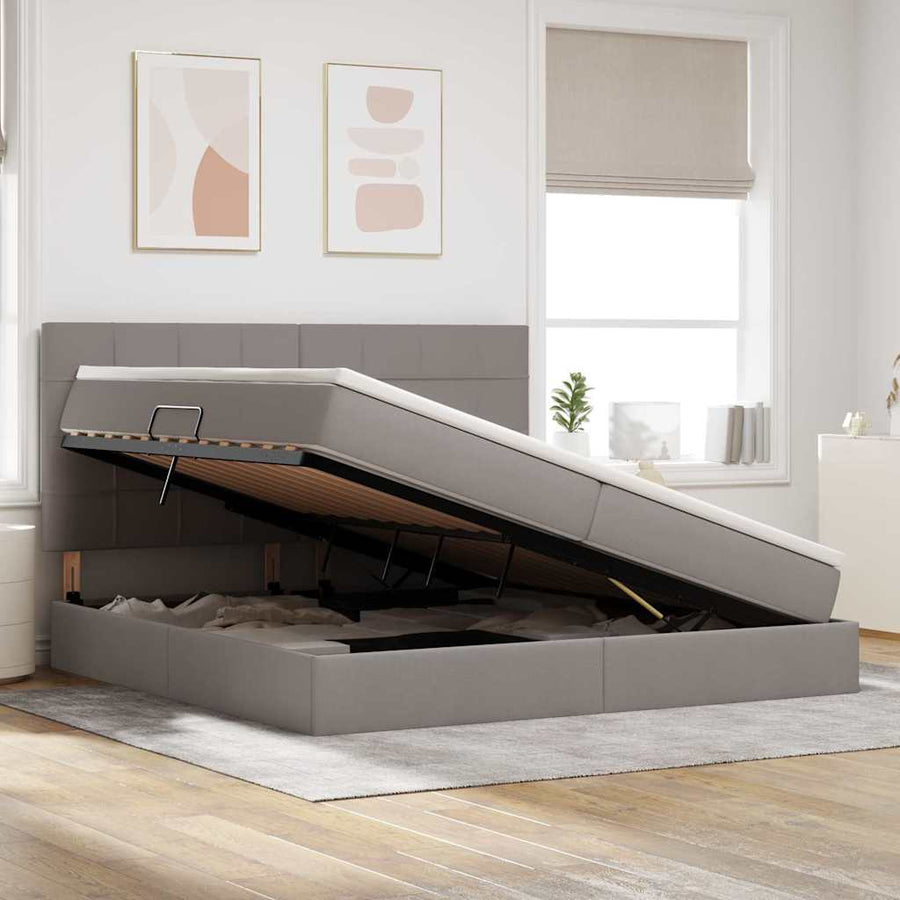 Bed met LED -striplichten met opslag Taupe 200 x 200 cm Stof