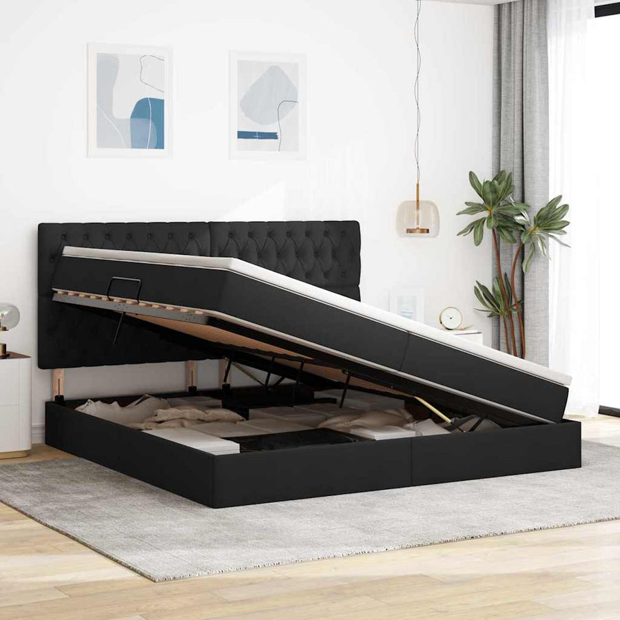 Bed met LED -striplichten met opslag Zwart 200 x 200 cm Stof