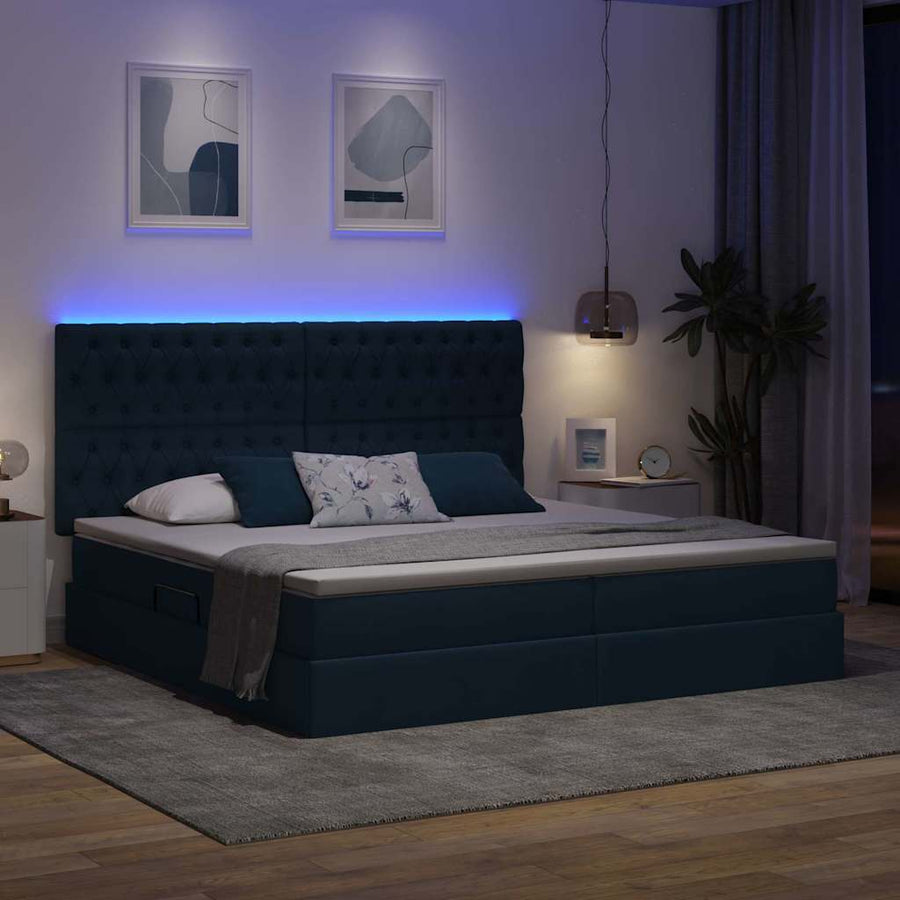 Bed met LED -striplichten met opslag Blauw 200 x 200 cm Stof