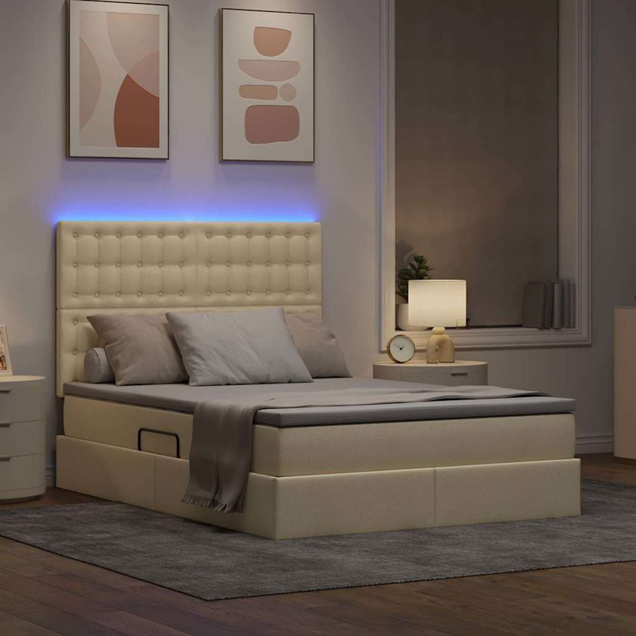 Bed met LED -striplichten met opslag Crème 140 x 200 cm Stof