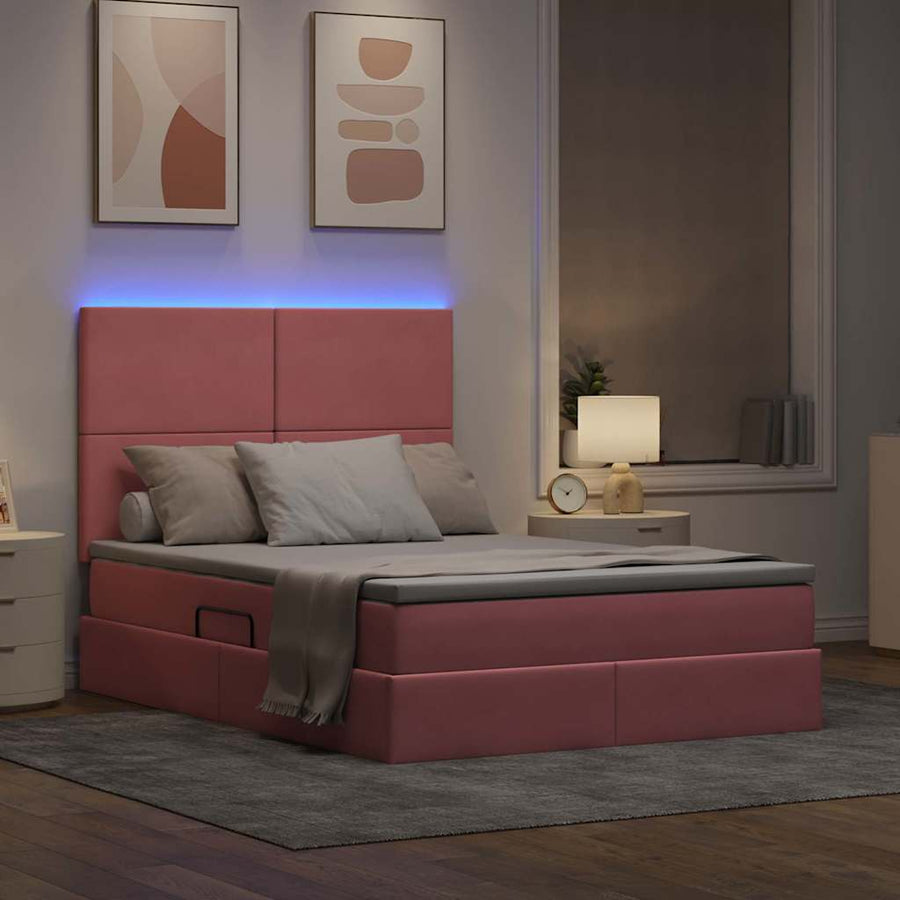 Bed met LED -striplichten met opslag Roze 140 x 200 cm Fluweel