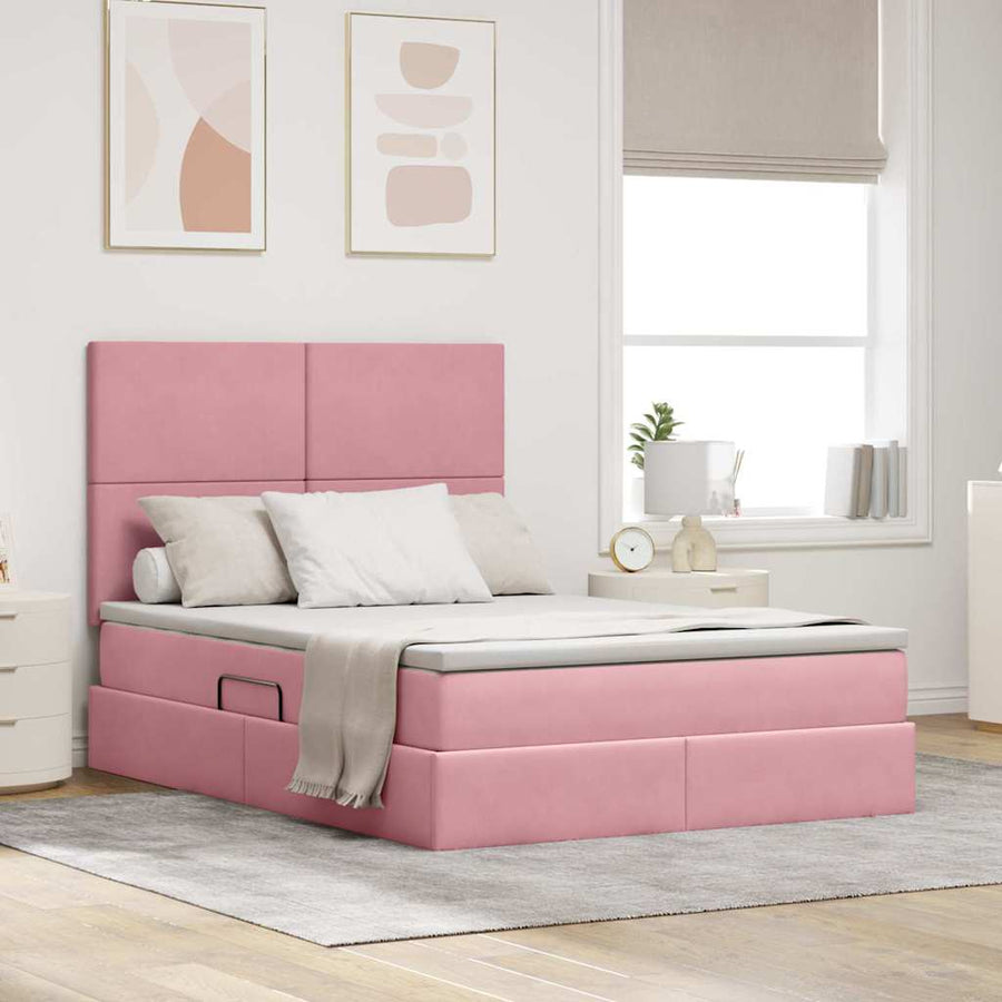 Bed met LED -striplichten met opslag Roze 140 x 200 cm Fluweel