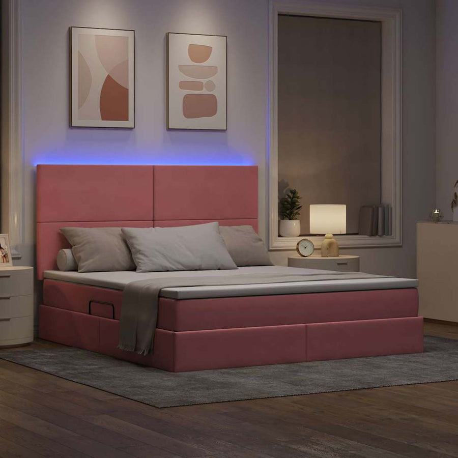 Bed met LED -striplichten met opslag Roze 160 x 200 cm Fluweel
