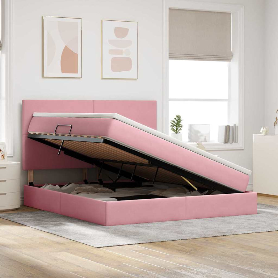 Bed met LED -striplichten met opslag Roze 160 x 200 cm Fluweel
