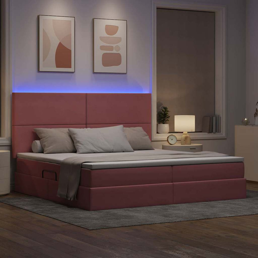 Bed met LED -striplichten met opslag Roze 200 x 200 cm Fluweel