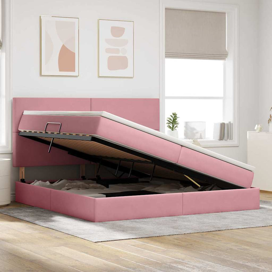 Bed met LED -striplichten met opslag Roze 200 x 200 cm Fluweel