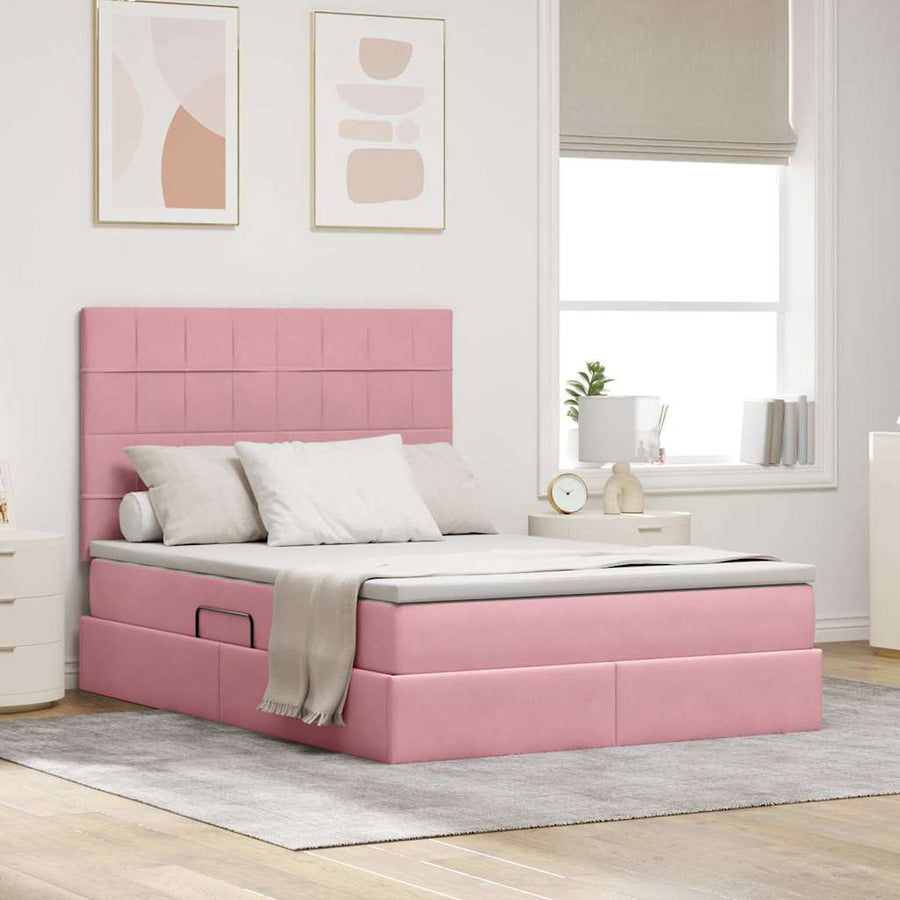 Bed met LED -striplichten met opslag Roze 140 x 200 cm Fluweel