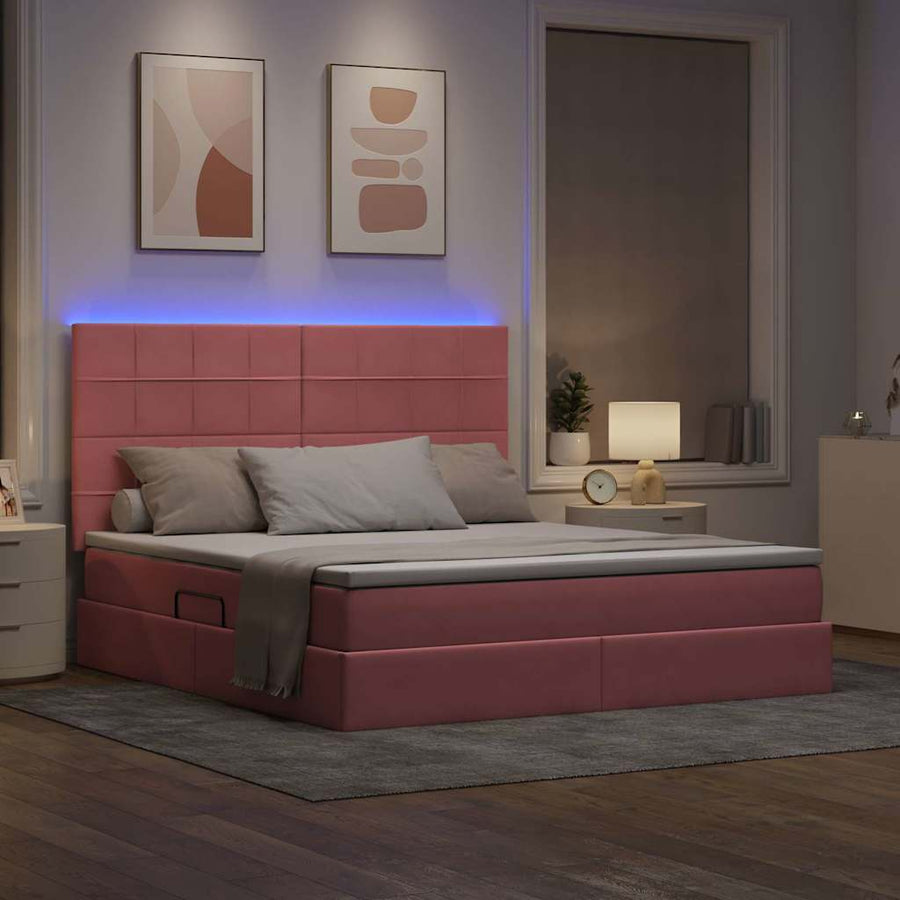 Bed met LED -striplichten met opslag Roze 160 x 200 cm Fluweel