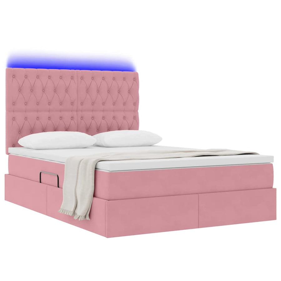Bed met LED -striplichten met opslag Roze 140 x 190 cm Fluweel