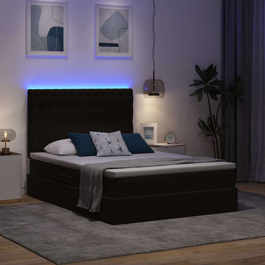 Bed met LED -striplichten met opslag Zwart 140 x 200 cm Fluweel
