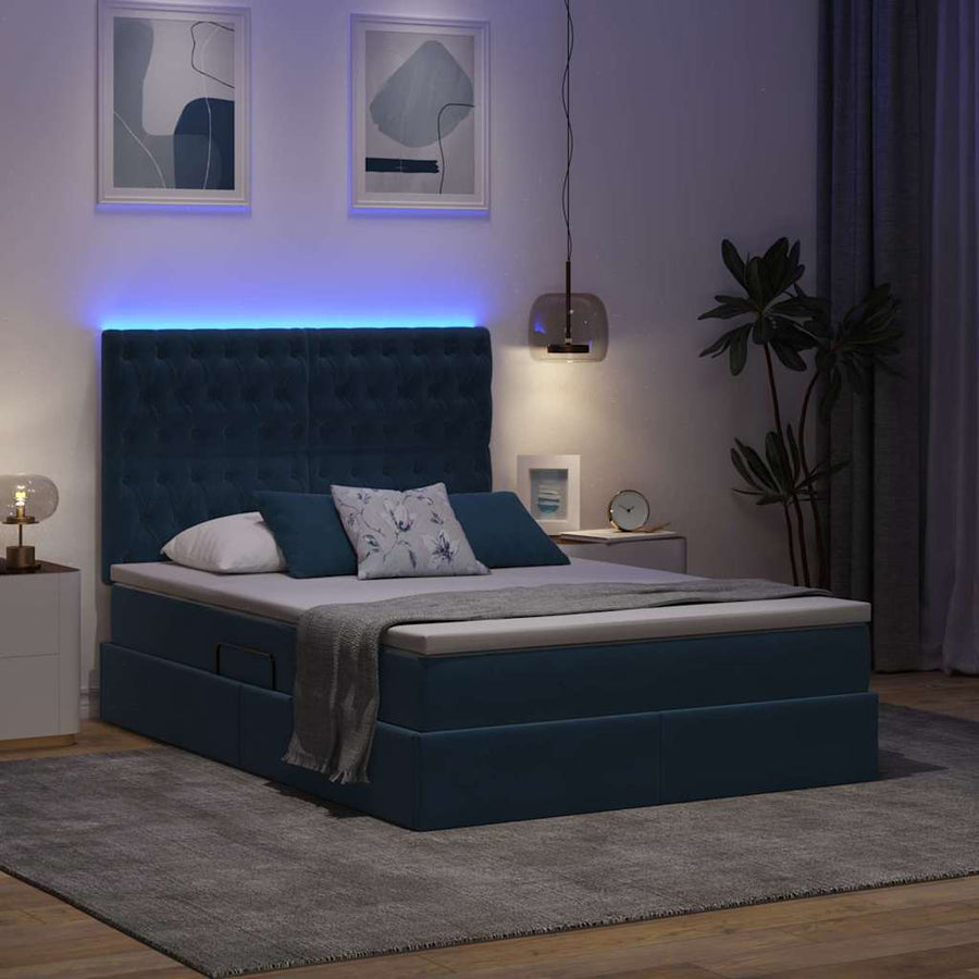 Bed met LED -striplichten Donkerblauw 140 x 200 cm Fluweel
