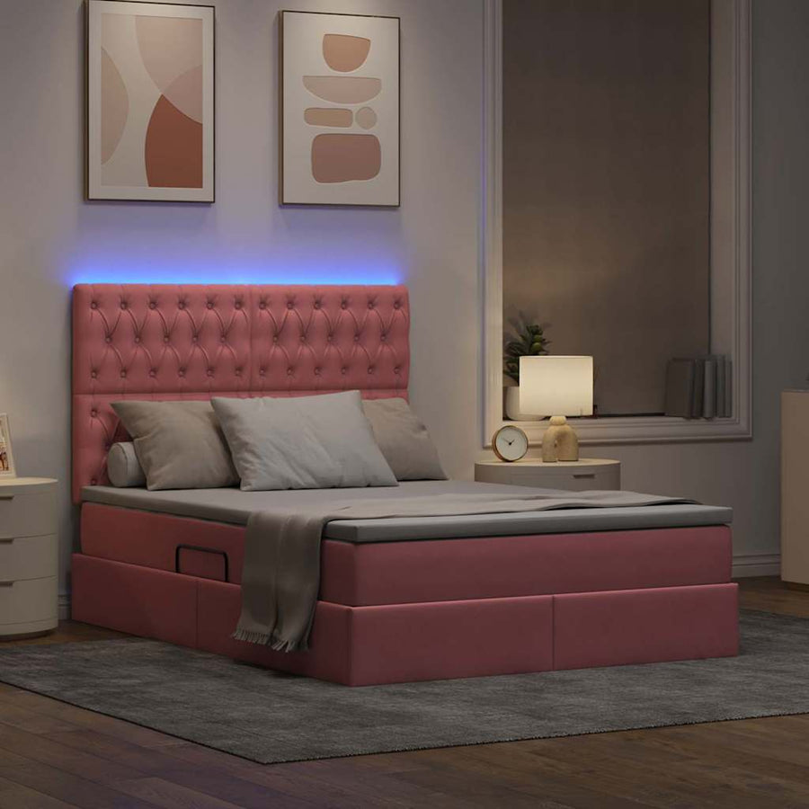 Bed met LED -striplichten met opslag Roze 140 x 200 cm Fluweel