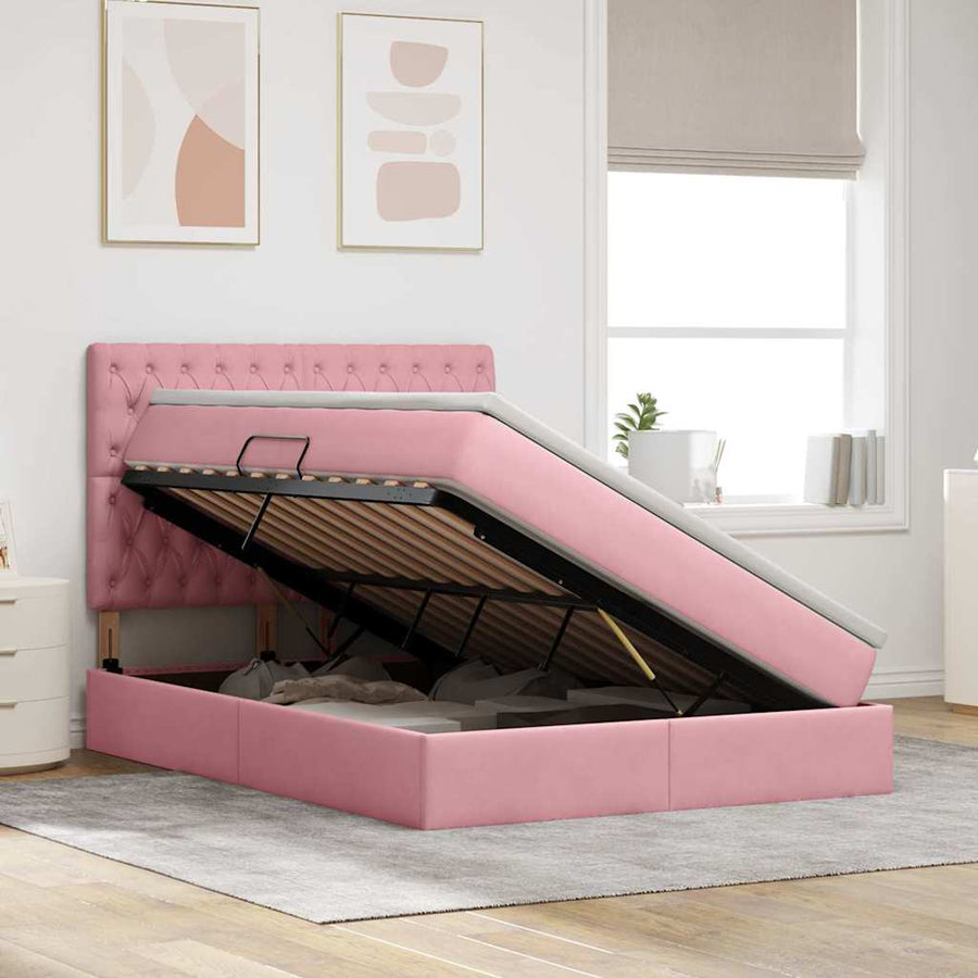 Bed met LED -striplichten met opslag Roze 140 x 200 cm Fluweel