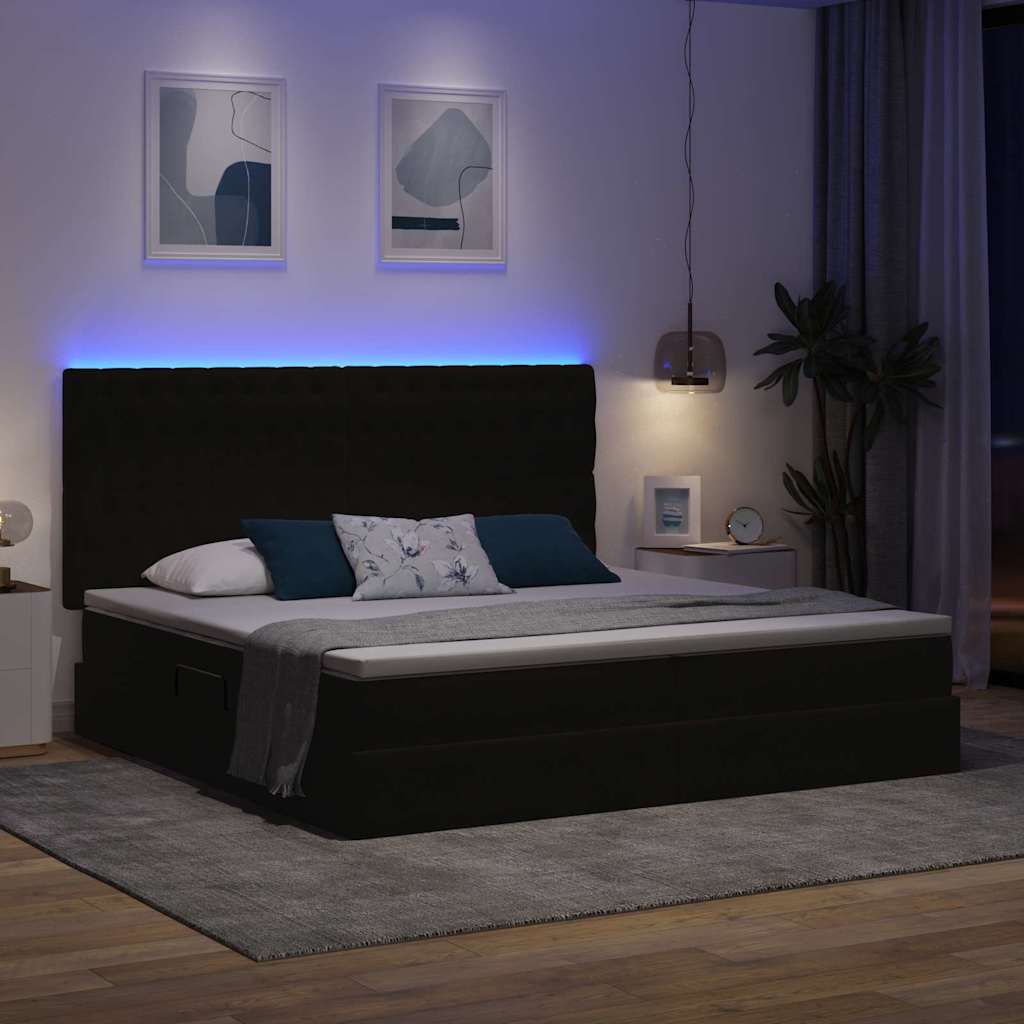 Bed met LED -striplichten met opslag Zwart 200 x 200 cm Fluweel