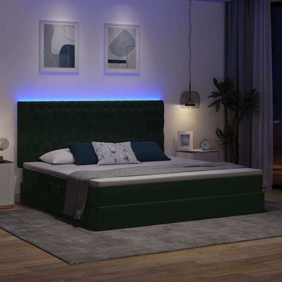 Opbergbed met LED met matras Donkergroen 200 x 200 cm Fluweel
