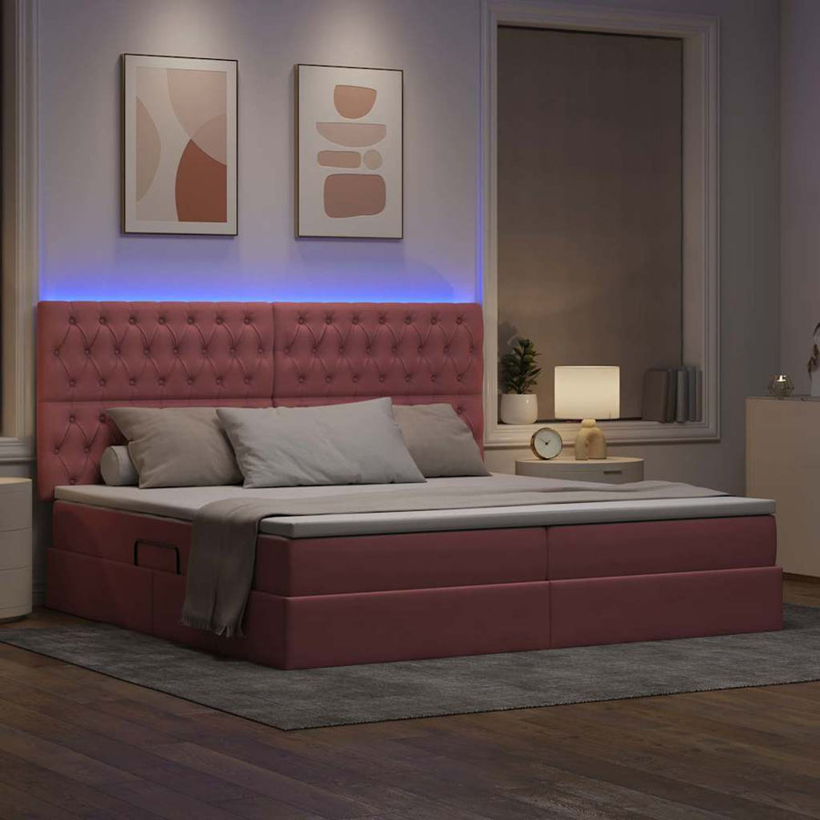 Bed met LED -striplichten met opslag Roze 200 x 200 cm Fluweel