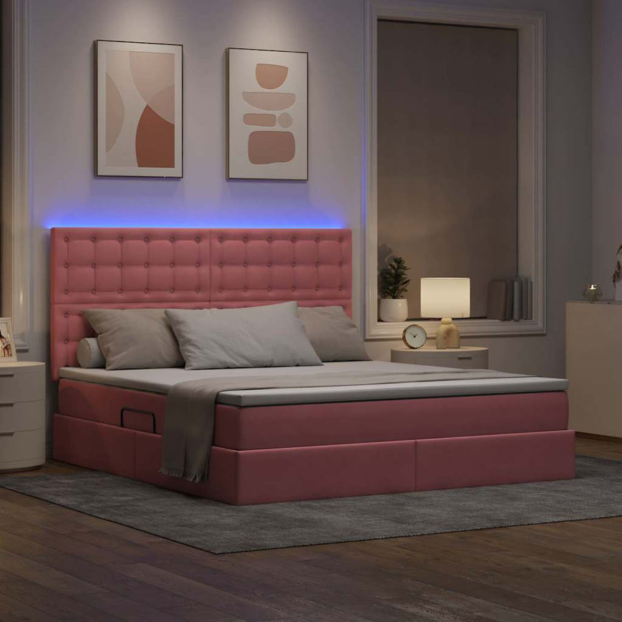Bed met LED -striplichten met opslag Roze 160 x 200 cm Fluweel