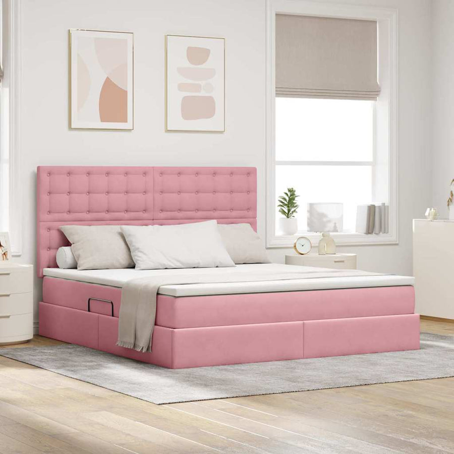 Bed met LED -striplichten met opslag Roze 160 x 200 cm Fluweel