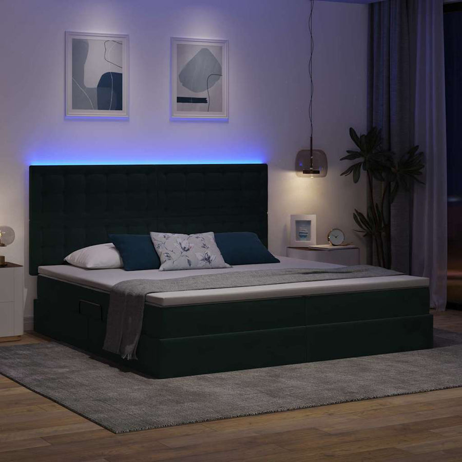 Opbergbed met LED met matras Donkergroen 200 x 200 cm Fluweel