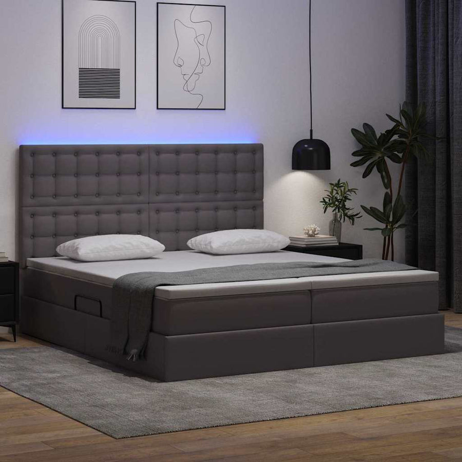 Opbergbed met LED met hoofdeinde Grijs 180 x 200 cm Kunstleer
