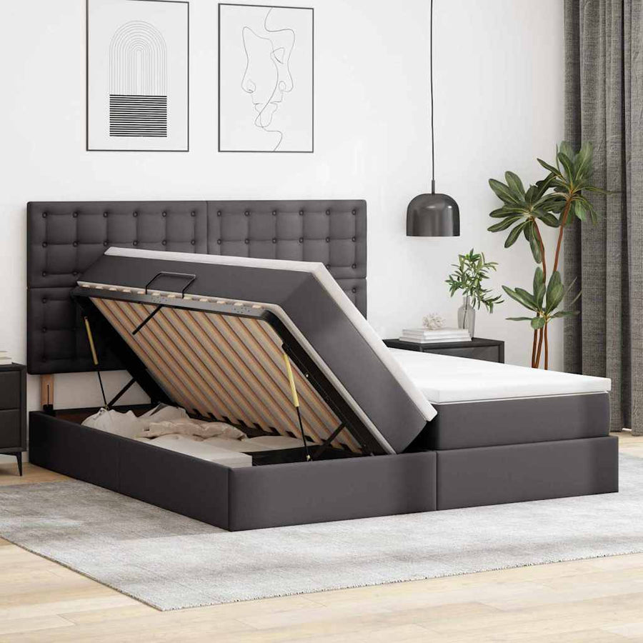 Opbergbed met LED met hoofdeinde Grijs 180 x 200 cm Kunstleer