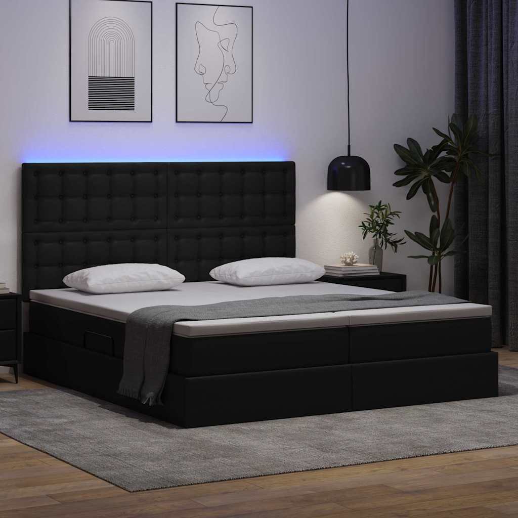 Opbergbed met LED met hoofdeinde Zwart 200 x 200 cm Kunstleer