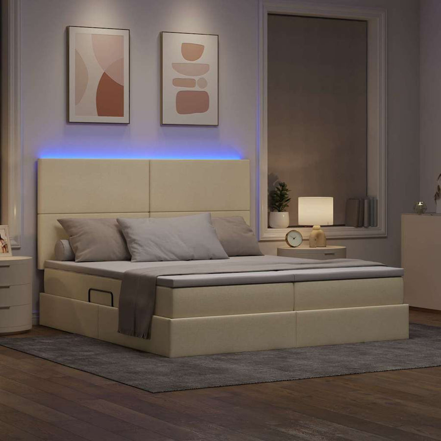 Bed met LED-stripverlichting met opslag Crème 180 x 200 cm Stof