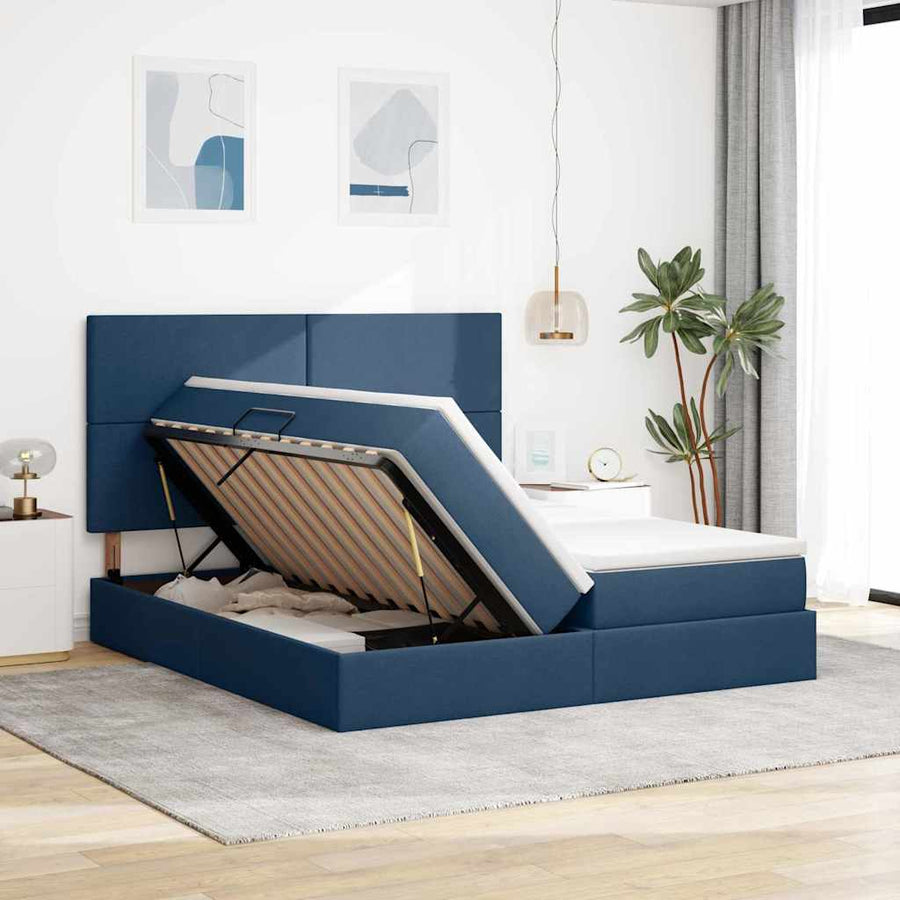 Bed met LED-stripverlichting met opslag Blauw 180 x 200 cm Stof