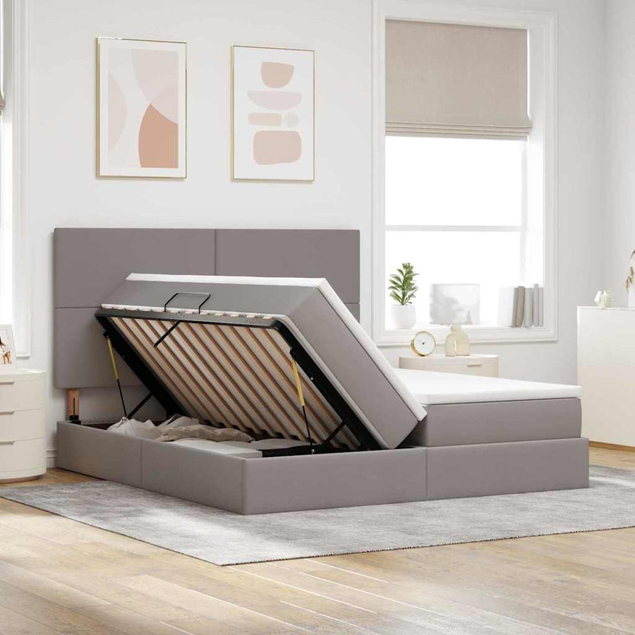 Bed met LED-stripverlichting met opslag Taupe 200 x 200 cm Stof