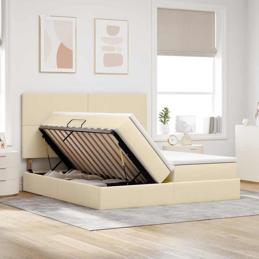 Bed met LED-stripverlichting met opslag Crème 200 x 200 cm Stof