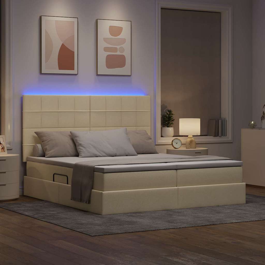 Bed met LED-stripverlichting met opslag Crème 180 x 200 cm Stof