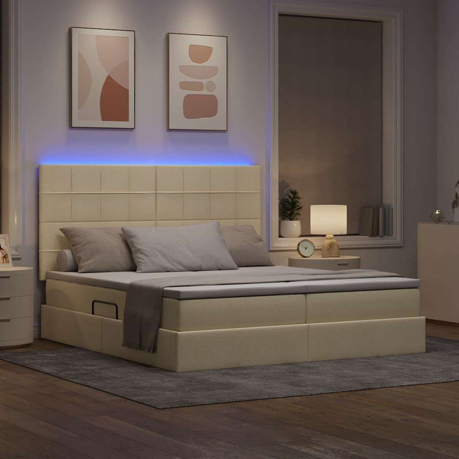 Bed met LED-stripverlichting met opslag Crème 180 x 200 cm Stof