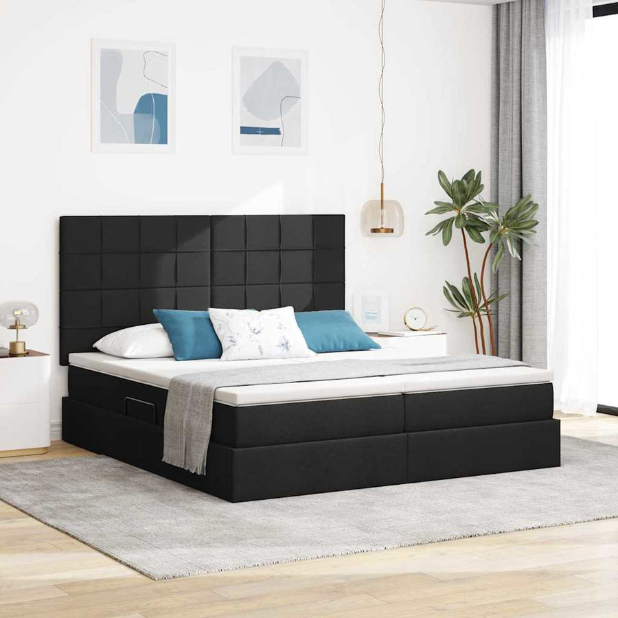 Bed met LED-stripverlichting met opslag Zwart 200 x 200 cm Stof