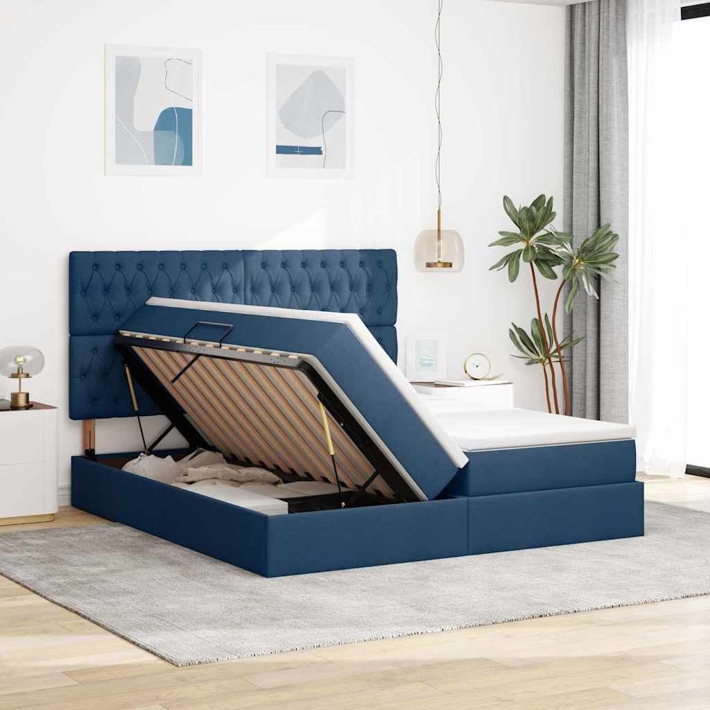 Bed met LED-stripverlichting met opslag Blauw 180 x 200 cm Stof