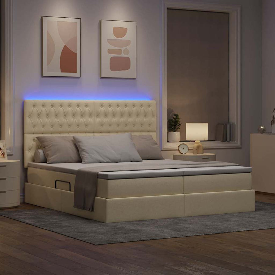 Bed met LED-stripverlichting met opslag Crème 200 x 200 cm Stof