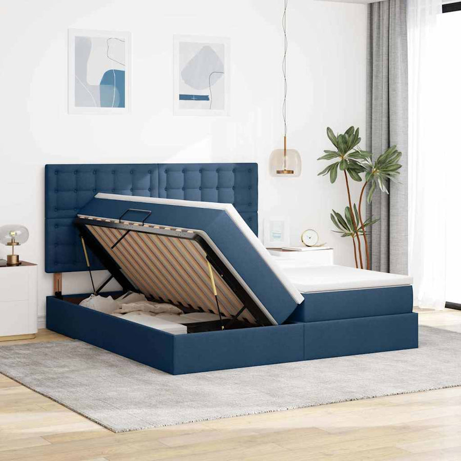 Bed met LED-striplichten met hoofdeinde Blauw 180 x 200 cm Stof