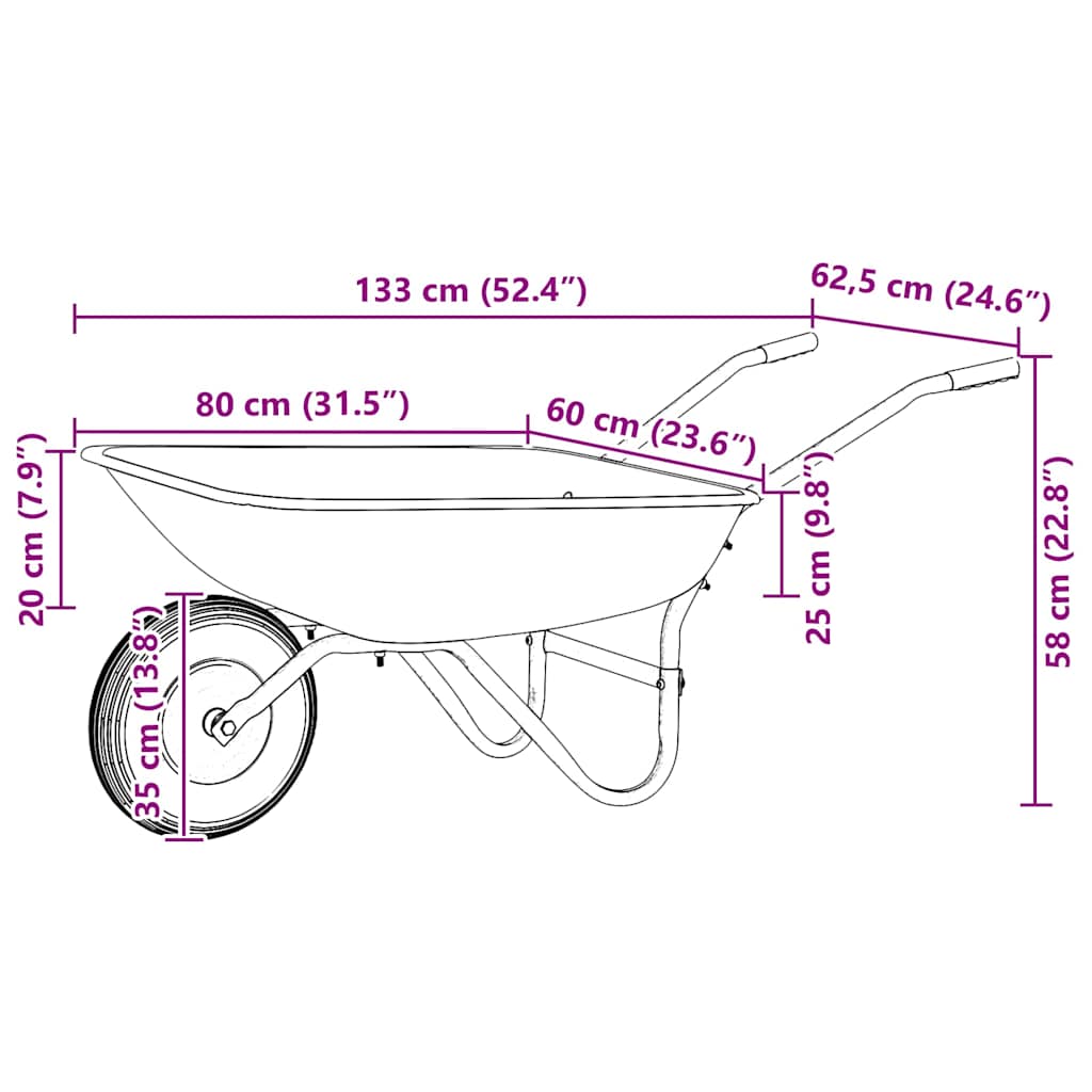 Kruiwagen Zilver en Zwart 133 x 62,5 x 58 cm Staal