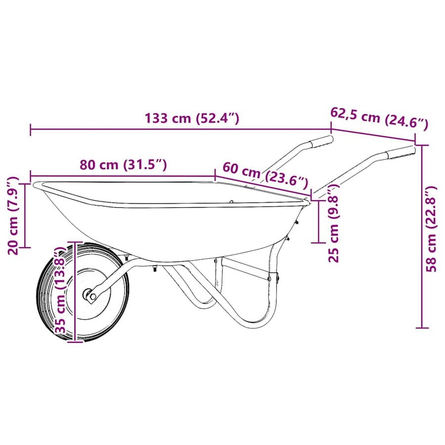 Kruiwagen Zilver en Zwart 133 x 62,5 x 58 cm Staal