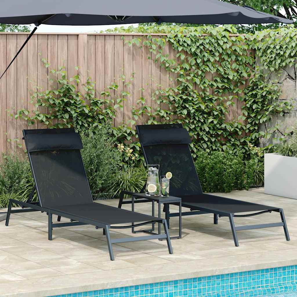 Zonnebedden 2-persoon 3 pcs Zwart en Anthraciet Staal