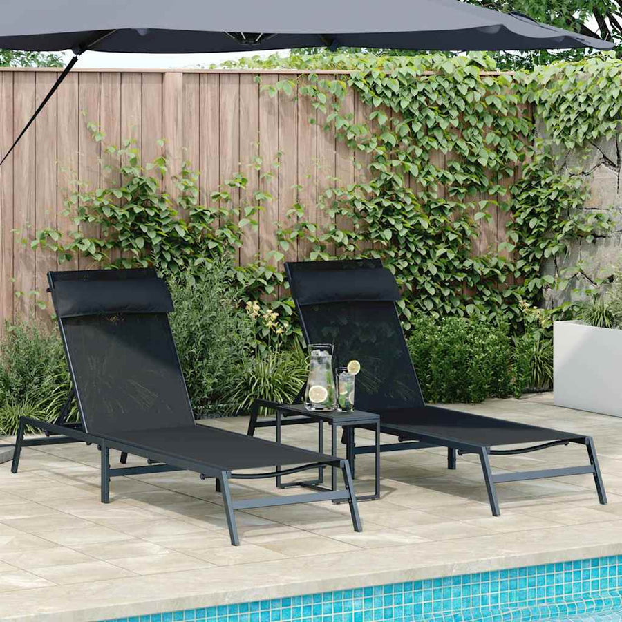 Zonnebedden 2-persoon 3 pcs Zwart en Anthraciet Staal