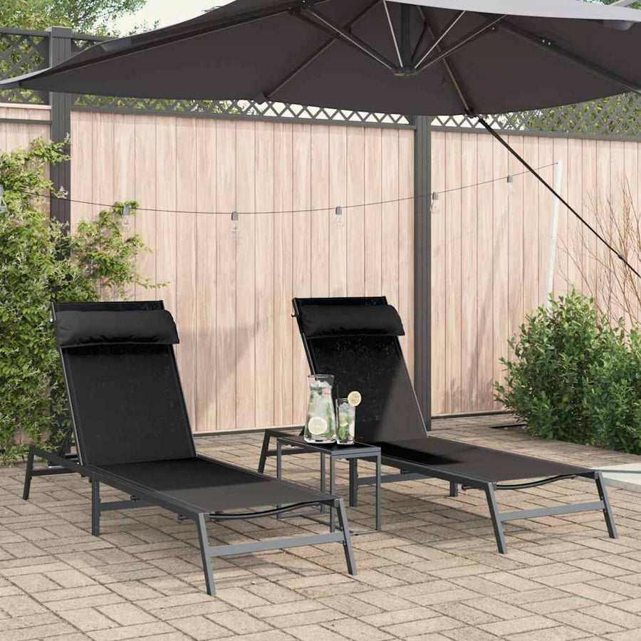 Zonnebedden 2-persoon 3 pcs Zwart en Anthraciet Staal