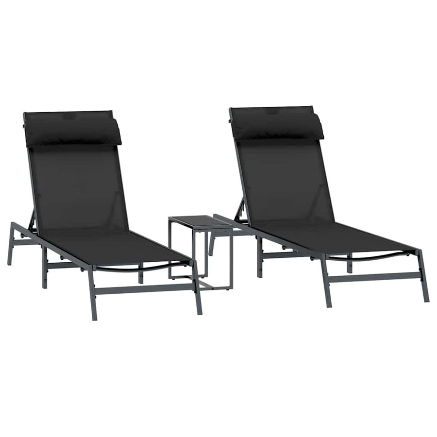 Zonnebedden 2-persoon 3 pcs Zwart en Anthraciet Staal