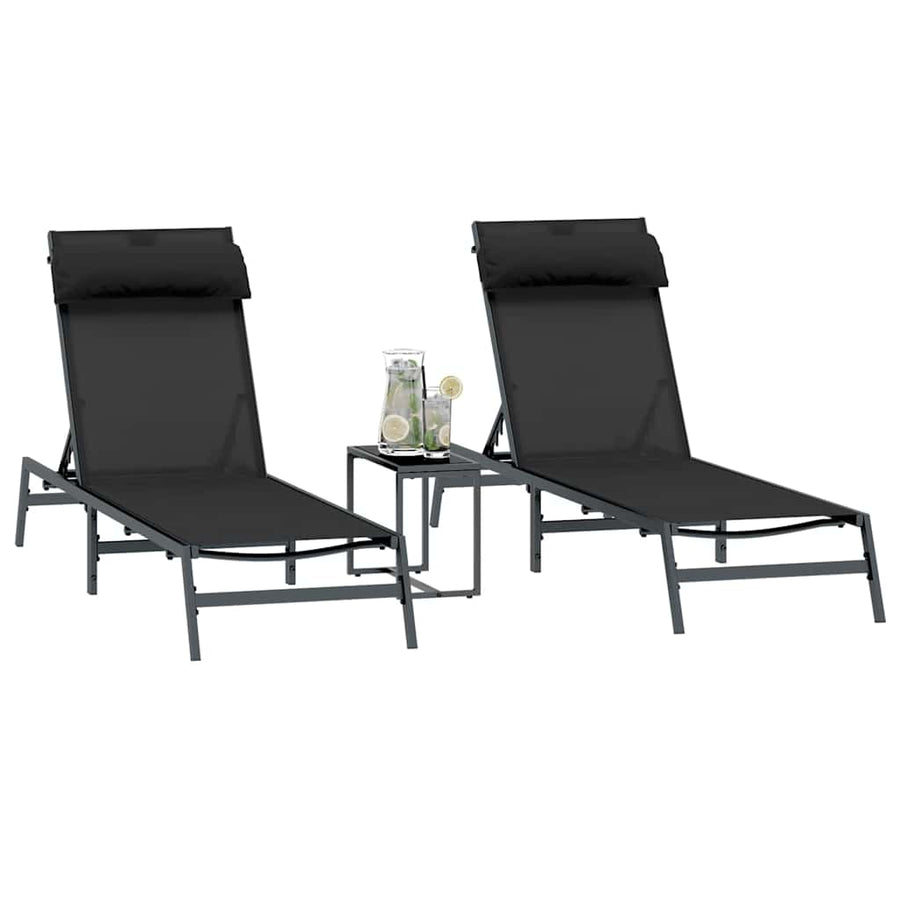 Zonnebedden 2-persoon 3 pcs Zwart en Anthraciet Staal