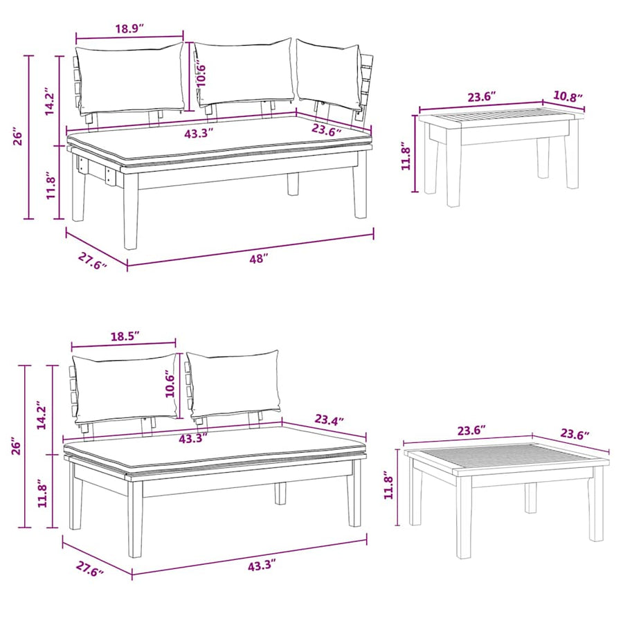 Tuinbankset 4 pcs Bruin en Crème 2-zits Medium Hout en Stof
