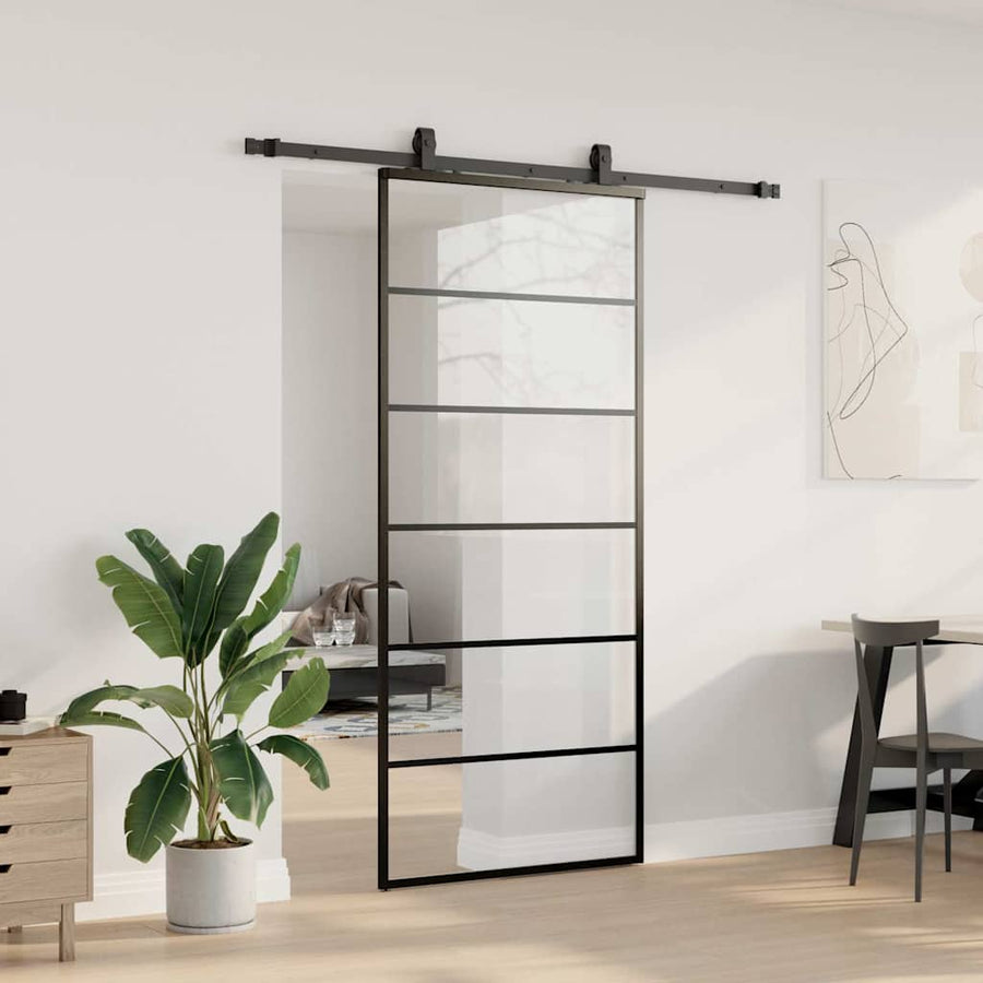 Schuifdeur Met Beslagset 90X205 Cm Esg Glas Zwart 90 x 205 cm (183 cm glideskinne) 5 horizontale stangen