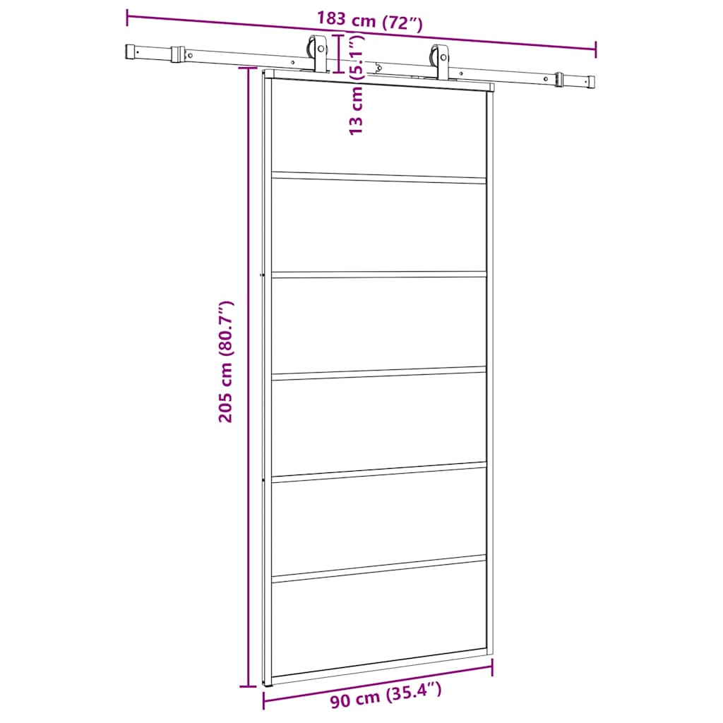 Schuifdeur Met Beslagset 90X205 Cm Esg Glas Zwart 90 x 205 cm (183 cm glideskinne) 5 horizontale stangen
