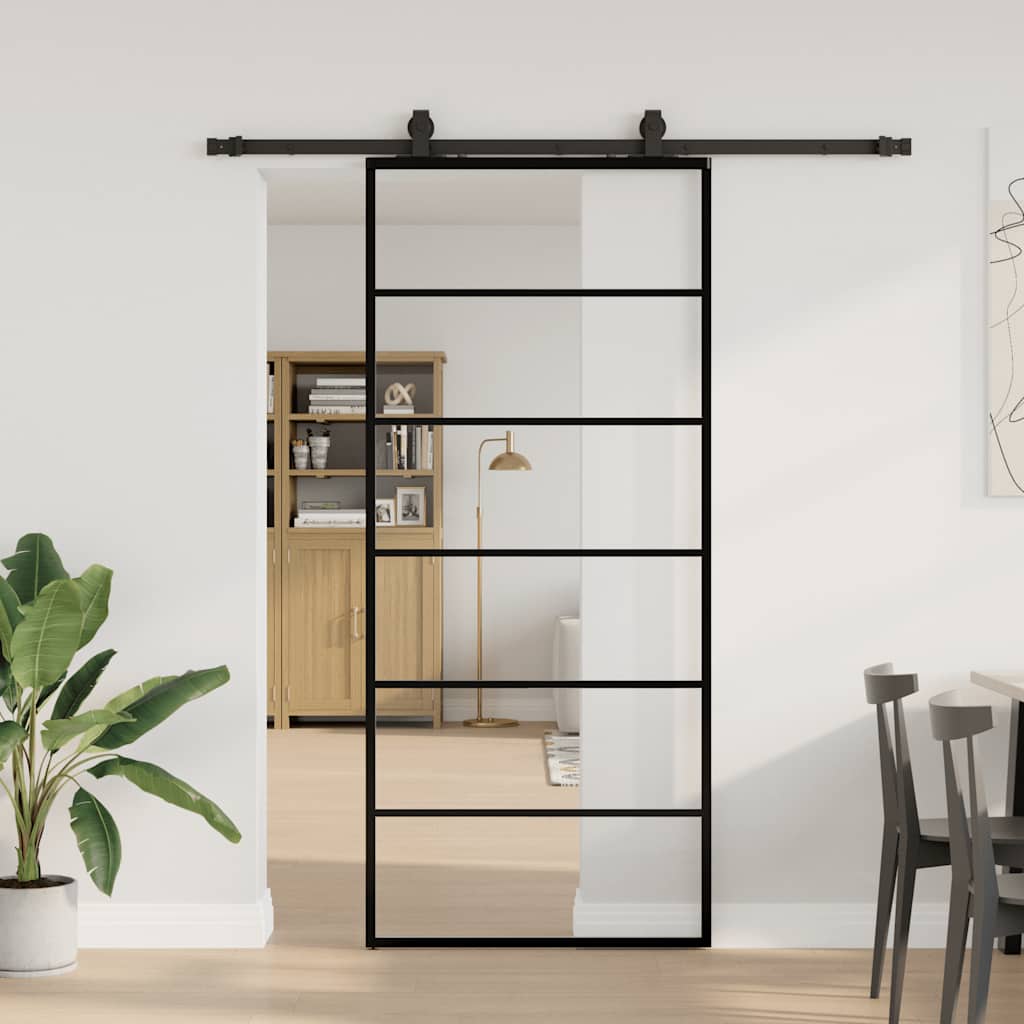 Schuifdeur Met Beslagset 90X205 Cm Esg Glas Zwart 90 x 205 cm (183 cm glideskinne) 5 horizontale stangen