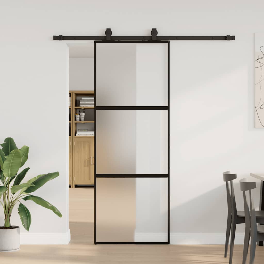 Schuifdeur met beslagset 76x205 cm gehard glas zwart