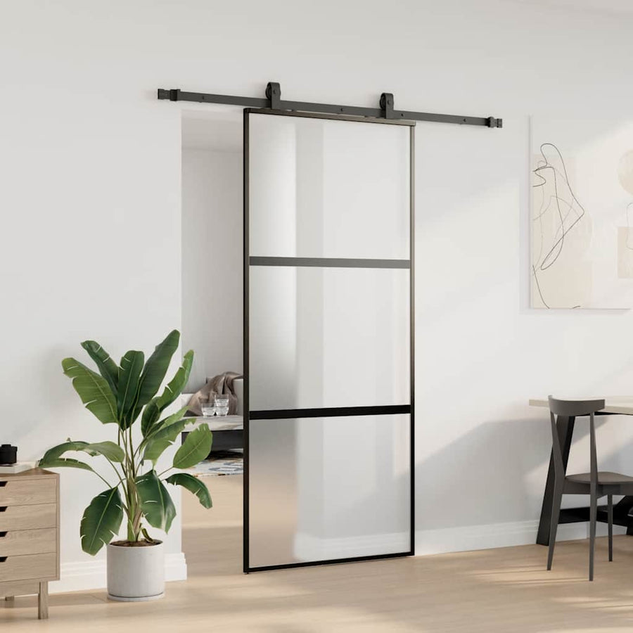 Schuifdeur met beslagset 90x205 cm gehard glas zwart
